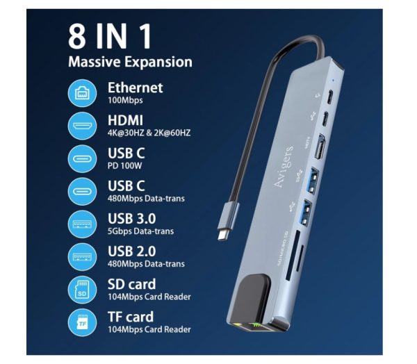 Avigers 8 in 1 Type C adapter hub